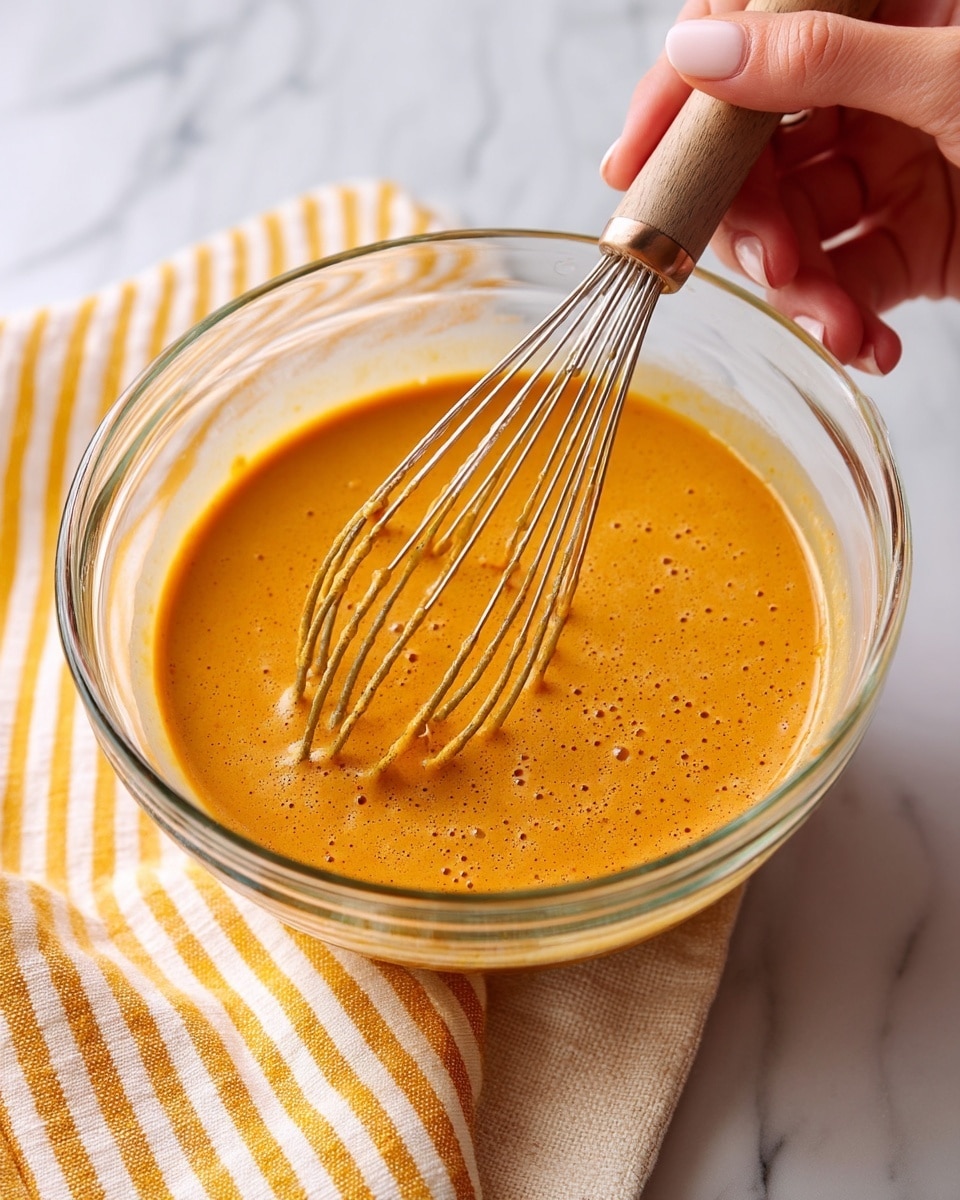 A clear glass bowl filled with a smooth, light orange mixture being stirred by a woman's hand holding a metal whisk with a wooden handle. The mixture looks creamy and consistent with small bubbles on the surface. The bowl sits on a white marbled surface with a yellow and white striped cloth nearby. Photo taken with an iphone --ar 4:5 --v 7