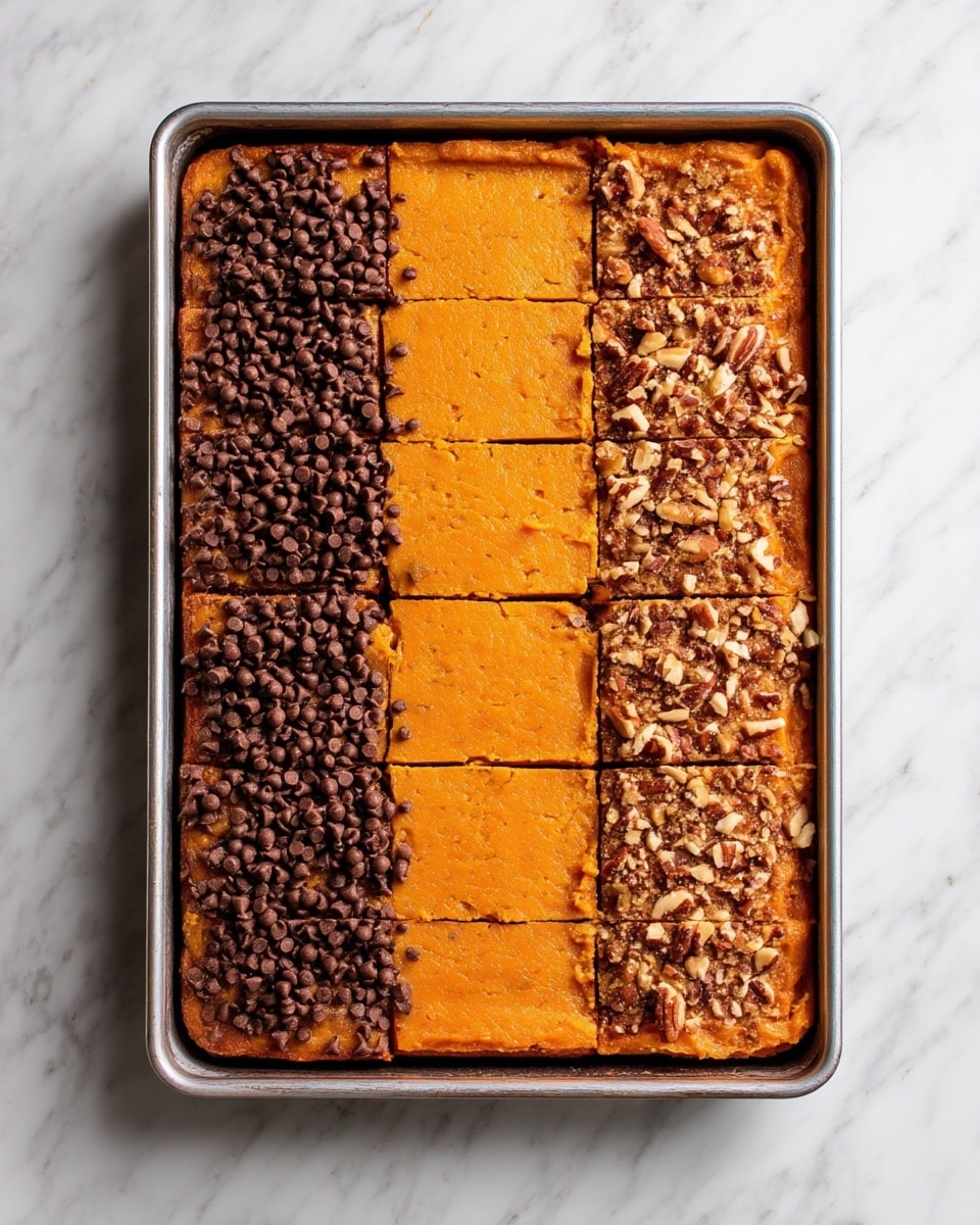 A large rectangular tray filled with three sections of pumpkin bars, each section sliced into small squares. The left section is topped with chocolate chips scattered over an orange pumpkin base. The middle section has a smooth, plain orange pumpkin surface with no toppings. The right section features a layer of crushed nuts sprinkled over the orange pumpkin base. The tray rests on a white marbled surface. Photo taken with an iphone --ar 4:5 --v 7