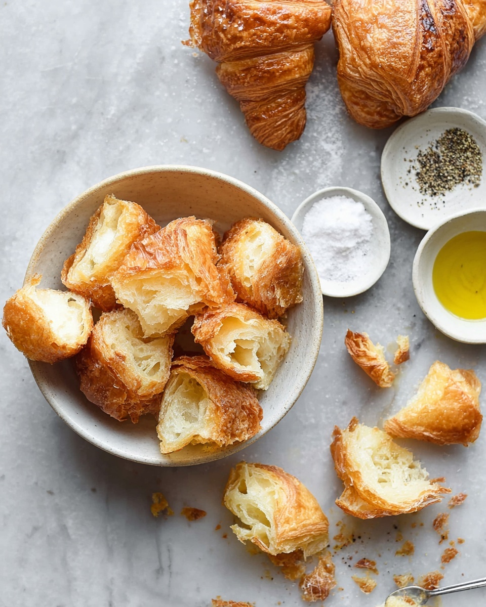 The image shows a textured white marbled background with a white bowl filled with torn pieces of golden-brown croissant layered with light, fluffy interior visible. Some croissant pieces are scattered outside the bowl, showing crispy, flaky layers with rough edges. To the top right of the bowl, there are three small white bowls: one with coarse salt and a tiny spoon, one with black pepper, and one with golden olive oil, all placed close together. At the top of the image, there are two whole croissants, one partially torn, with shiny, crispy outer layers. Photo taken with an iphone --ar 4:5 --v 7