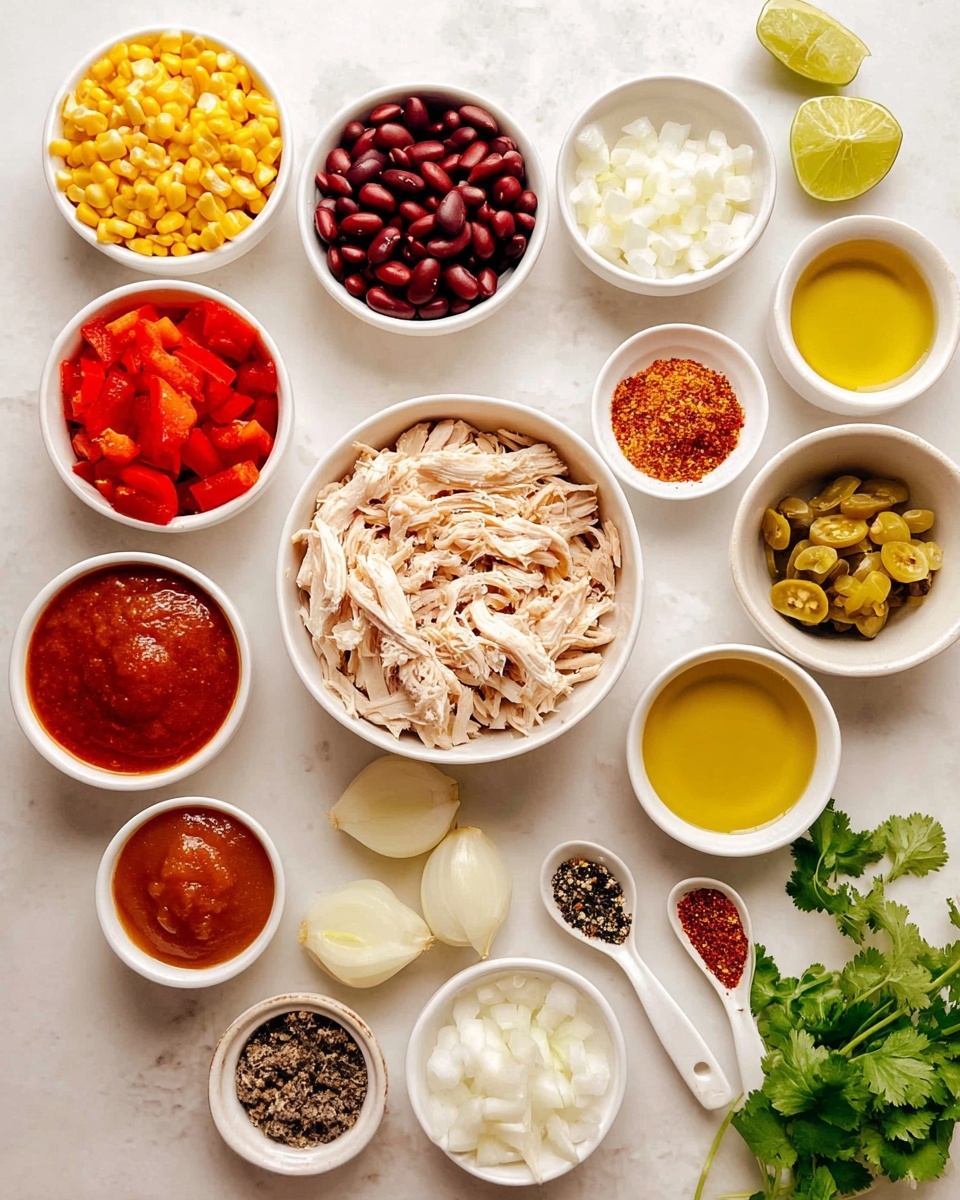The image shows various ingredients arranged neatly on a white marbled surface. In the center is a white bowl with shredded light beige chicken. Surrounding it are small white bowls holding red beans, white cottage cheese, yellow corn, bright red diced bell peppers, and a spread of tomato sauce with some black specks. There are also small bowls filled with red and yellow spices, olive oil in a white bowl, and chopped green pickles. A white plate holds peeled white onions, garlic cloves, and two white spoons with black and green spices. Lime wedges and fresh green cilantro leaves add color near the top right. The scene is bright and clear, with all elements well arranged and visible, photo taken with an iphone --ar 4:5 --v 7