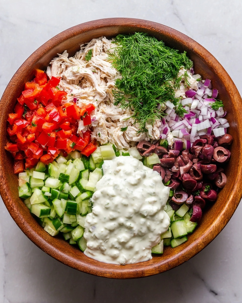 A wooden bowl on a white marbled surface holds a salad with six colorful layers. The bottom layer is shredded chicken, light beige and spread evenly. On top, there are bright red diced roasted peppers, finely chopped purple onions, chopped green cucumbers, a bunch of fresh dill with fine green leaves, and chopped dark purple olives arranged in sections around the bowl. In the second image, a thick white creamy sauce is spread over the top center of the salad, partially covering some of the vegetables but leaving most sections visible. Photo taken with an iphone --ar 4:5 --v 7