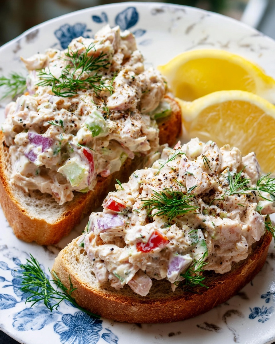 Two toasted bread halves with a light golden-brown crust make up the base layer, each generously topped with a thick scoop of creamy chicken salad mixed with small pieces of red bell pepper, green celery, and purple onion, all coated in a white dressing with visible black pepper and green herb sprinkles. Fresh green dill is scattered on top and around the salad. To the side, two lemon wedges with a bright yellow color rest on the plate, which has a white marbled texture and delicate blue floral patterns. photo taken with an iphone --ar 4:5 --v 7