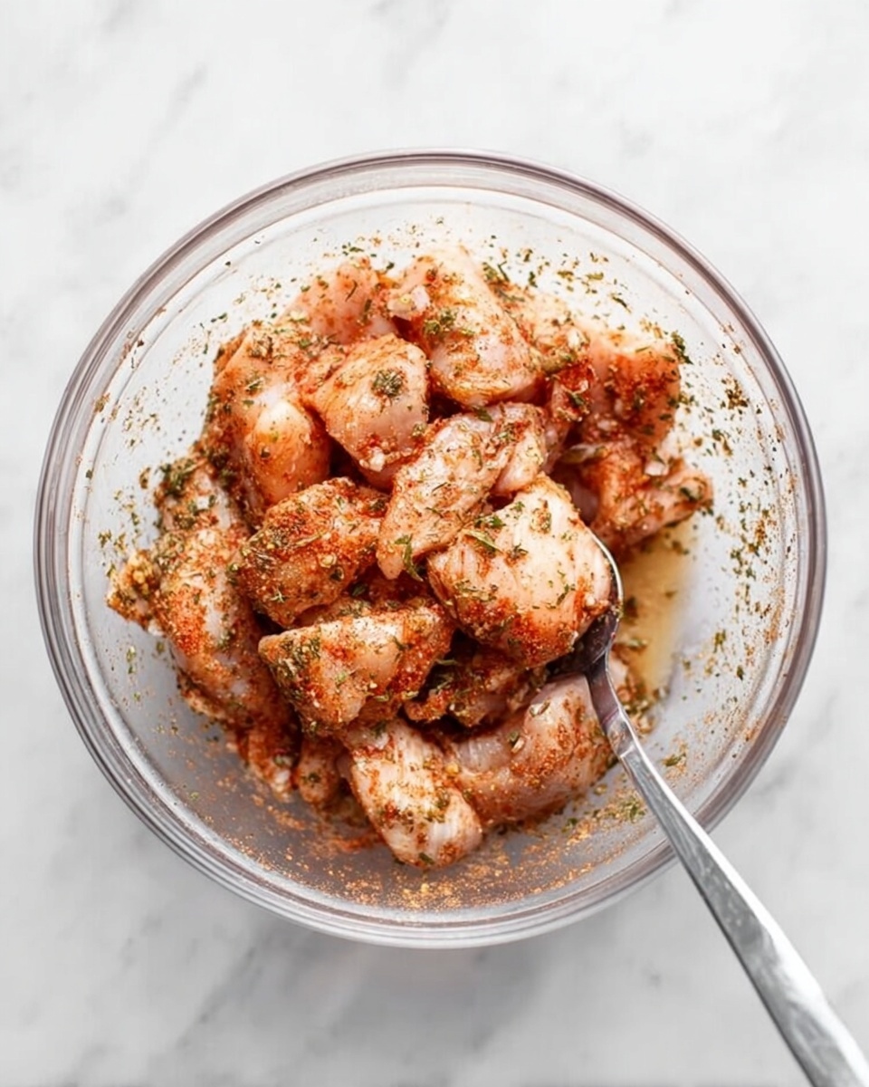 A clear glass bowl filled with about one layer of raw chicken pieces coated in a mixture of herbs and spices, showing a red and light brown seasoning covering the pinkish-white chicken. A metal spoon rests inside the bowl on the right side, partially submerged in the chicken. The bowl is set on a white marbled surface. photo taken with an iphone --ar 4:5 --v 7