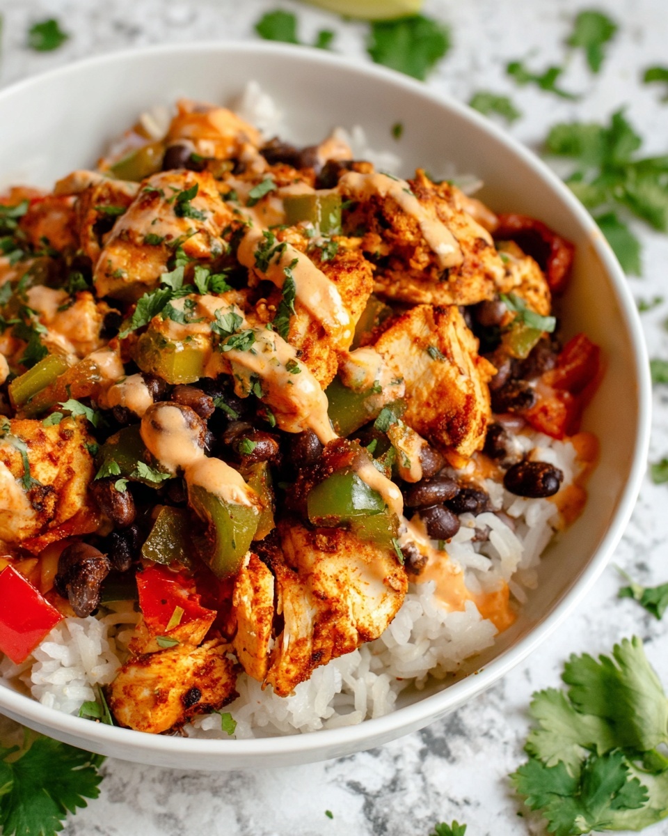 The dish is served in a white bowl, starting with a base layer of white rice at the bottom, topped with pieces of cooked chicken that have a rich orange-brown color with a slightly crispy texture. Mixed in are black beans and chopped green and red bell peppers, adding dark and vibrant colors. Over the top, there is a drizzle of creamy, light orange sauce and bits of green cilantro sprinkled for freshness. The background has a white marbled texture with some scattered green cilantro leaves around the bowl. Photo taken with an iphone --ar 4:5 --v 7