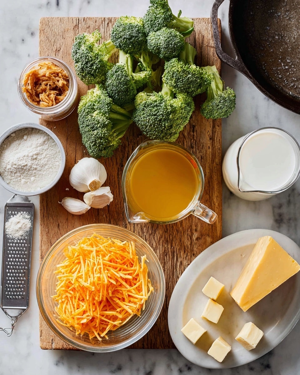 The image shows cooking ingredients arranged on a wooden board and a white marbled surface. On the board, there is a clear glass bowl filled with thin orange carrot strips, surrounded by fresh green broccoli florets and a couple of garlic cloves. Near the board, there is a small open jar with a brown paste, a glass liquid measuring cup with orange broth, and a small white bowl of white flour. On the white marbled surface, a white plate holds grated yellow cheddar cheese and a block of the same cheese next to a metal grater. There are also several small cubes of butter and a clear glass with a white liquid, likely milk. A large empty cast-iron skillet is partly visible on the top right corner. Everything is neatly arranged, and the photo is taken on a white marbled texture background. photo taken with an iphone --ar 4:5 --v 7