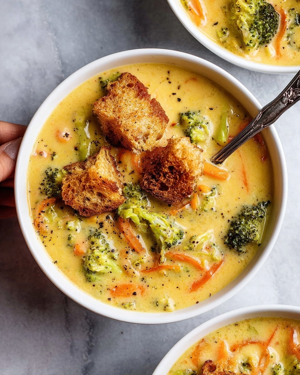 A white bowl filled with creamy yellow soup that has visible green broccoli florets and thin orange carrot strips floating throughout. On top of the soup, there are several pieces of crispy, golden brown toasted bread adding texture and a layer of crunch. The soup looks thick with small flecks of black pepper sprinkled on the surface. A woman’s hand is holding a spoon with an ornate handle, partially submerged in the soup. The bowl sits on a white marbled surface, and part of a second identical bowl of soup with the same contents is visible at the bottom edge of the image. photo taken with an iphone --ar 4:5 --v 7