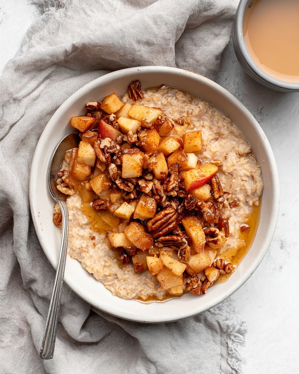 A beige bowl filled with creamy oatmeal as the base layer. On top, there are chopped red and yellow apple pieces mixed with brown cinnamon powder. Sprinkled over the apples are small chunks of light brown pecans. From above, a woman's hand pours golden syrup in a thin stream, adding shine to the center of the oatmeal. The bowl is placed on a white marbled surface with a cup of coffee visible in the background on the right side. photo taken with an iphone --ar 4:5 --v 7