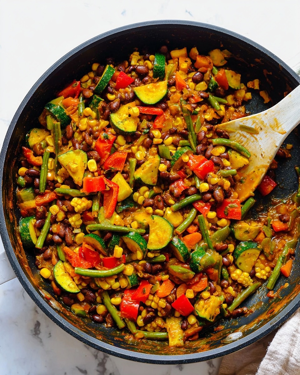 A large black pan filled with a colorful vegetable mix, showing layers of yellow corn kernels, green zucchini slices, red bell pepper chunks, green bean pieces, and small dark brown beans scattered throughout, all coated in a light sauce giving a slightly shiny texture; the pan is placed on a white marbled surface with a white wooden spoon resting inside the pan on the right side, partially covered by the vegetables. photo taken with an iphone --ar 4:5 --v 7