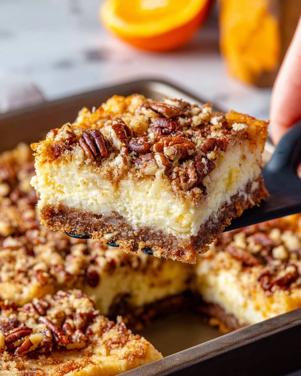 A close-up of a square piece of dessert being lifted from a baking pan showing three distinct layers: the bottom layer is dense and brown with a crumbly texture, the middle layer is thick and pale yellow with a soft and creamy look, and the top layer is golden brown with toasted pecans scattered evenly, giving a crunchy texture. The piece rests on a black spatula held by a woman's hand, with the baking pan filled with more squares visible below and a blurred white marbled background. In the background, there is a pop of orange color that looks like a sliced fruit. Photo taken with an iphone --ar 4:5 --v 7