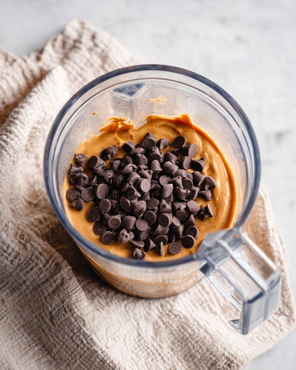 A clear blender jar contains two visible layers: the bottom layer is a smooth, creamy light brown peanut butter mixture with a thick texture, and the top layer is a heap of dark chocolate chips scattered unevenly over the peanut butter. The blender sits on a light beige textured cloth that is crumpled to the left side on a white marbled surface. photo taken with an iphone --ar 4:5 --v 7
