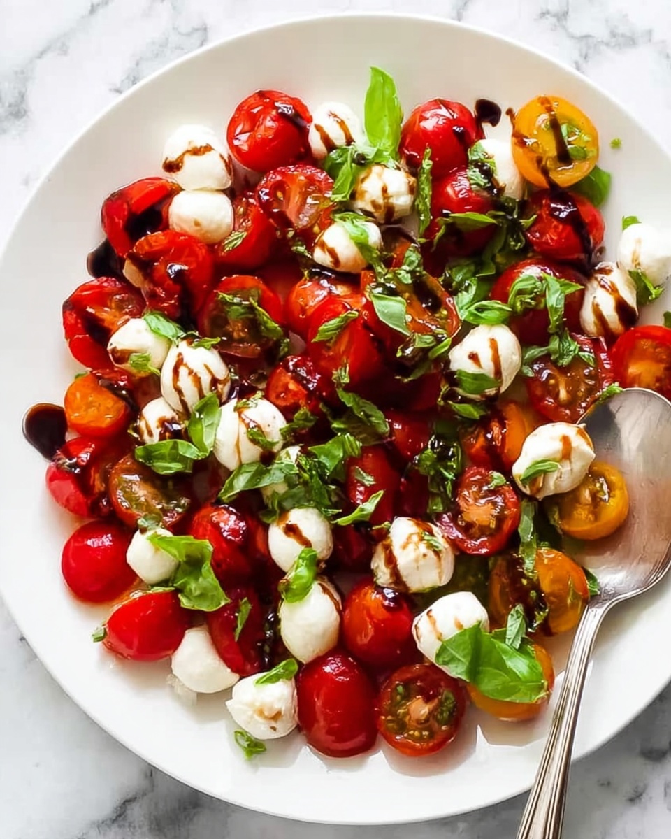 A white plate filled with a colorful Caprese salad sits on a white marbled surface. The salad has three main layers: the first layer is a mix of whole and halved bright red cherry tomatoes scattered evenly. The second layer is small white mozzarella balls spread throughout, with a soft, smooth texture. The third layer is fresh green basil leaves torn into pieces and spread all over. The salad is drizzled with a dark brown balsamic glaze creating thin lines across the top. A silver spoon is on the right side of the plate. Photo taken with an iphone --ar 4:5 --v 7