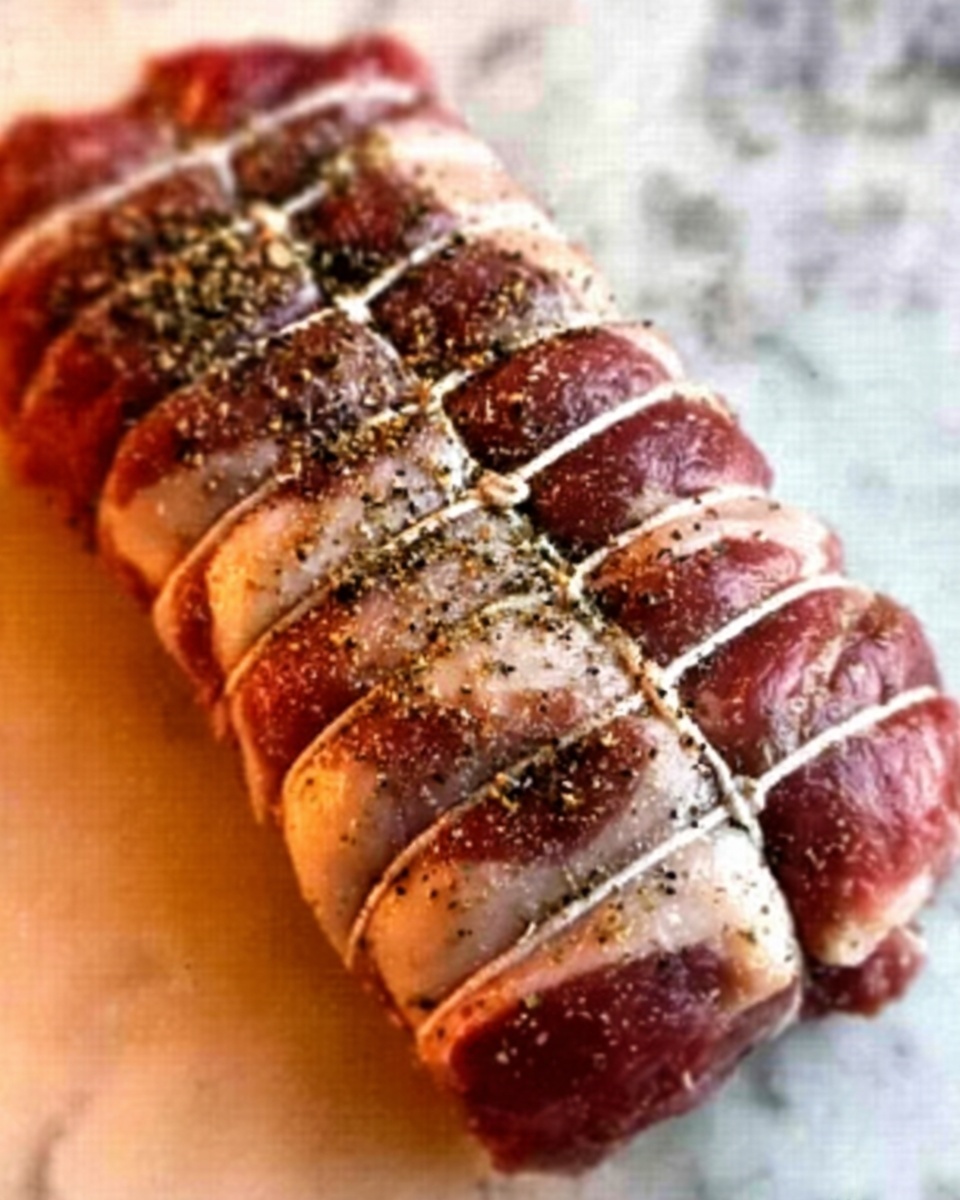 The image shows a piece of uncooked meat tied with white string in several places, creating sections along its length. The meat has a reddish-pink color with patches of white fat, and it is sprinkled with dark ground pepper or spices on top. The surface under the meat is a white marbled texture. Photo taken with an iphone --ar 4:5 --v 7