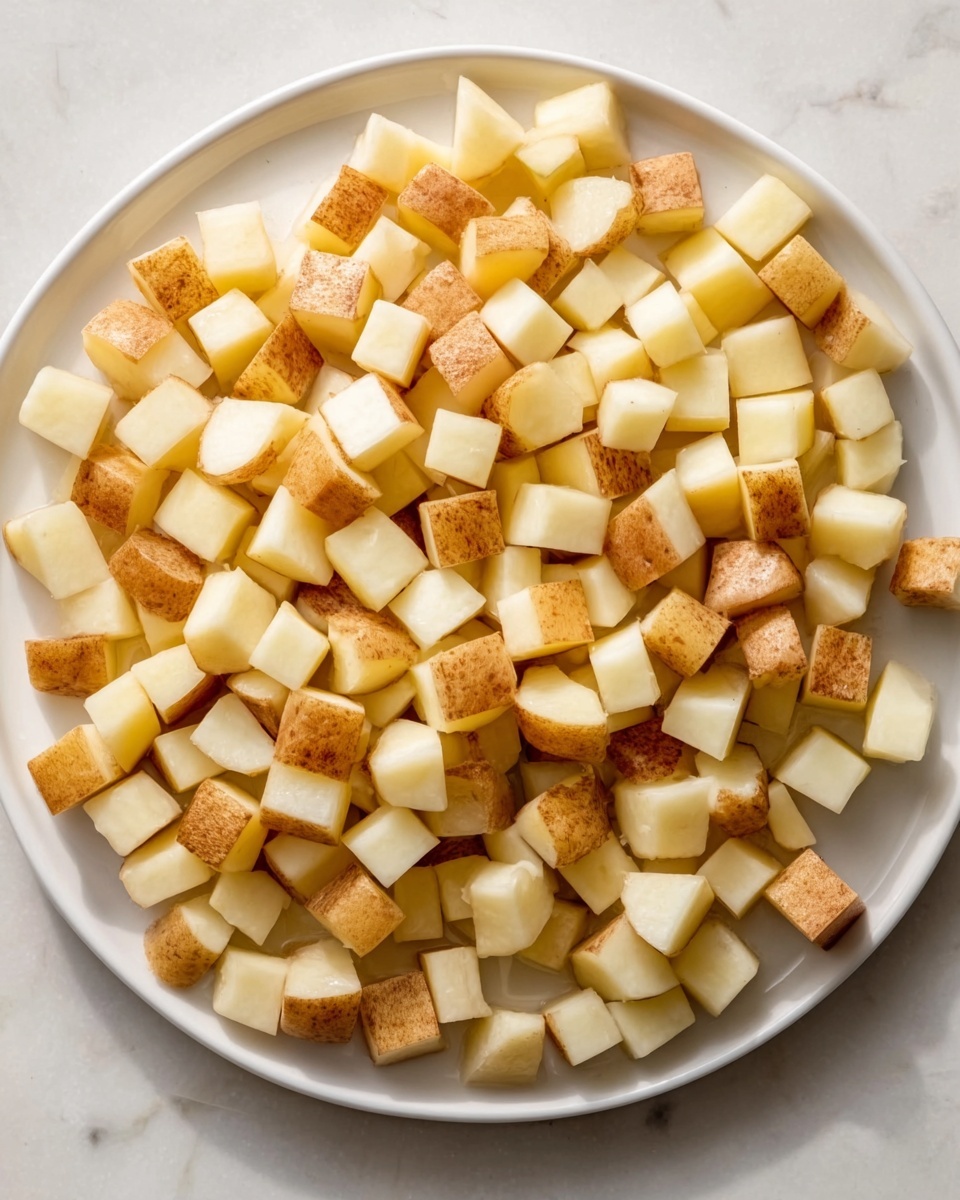 A white plate filled with many small cubes of cooked potatoes, showing light brown skin on some sides and pale soft inside on others. The cubes are arranged closely to cover the plate surface fully, resting on a white marbled textured surface. The potatoes look tender with a slightly rough texture on the skin parts and smooth soft texture inside. Photo taken with an iphone --ar 4:5 --v 7