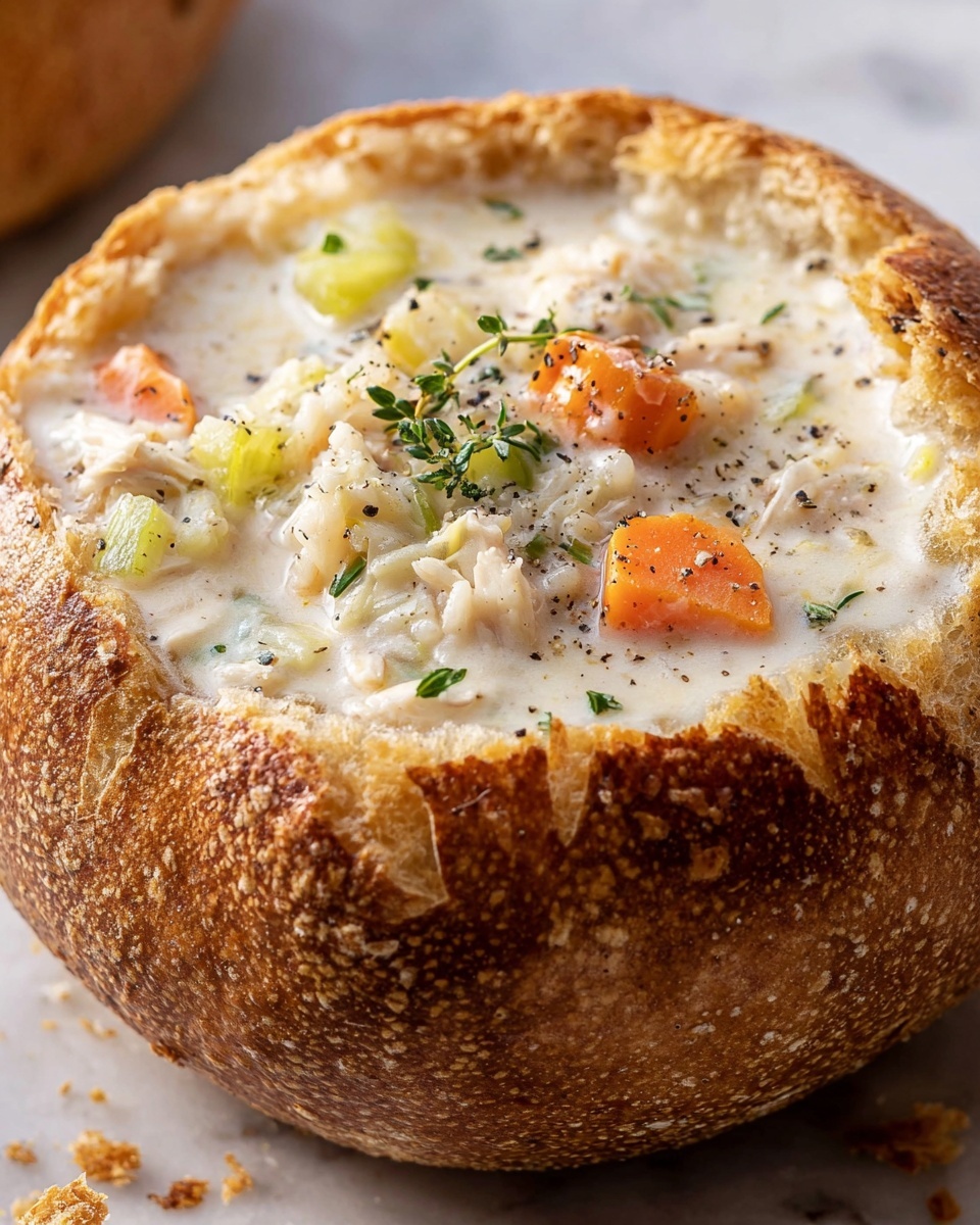 A round bread bowl with a golden brown crust filled with creamy white chicken soup. The soup has visible orange carrot slices, light green celery pieces, and chunks of white chicken mixed with soft rice. Small green herb sprigs and a sprinkle of black pepper sit on top, adding texture and color. The bread bowl sits on a white marbled surface, showing crumbs around it. The soup looks thick and hearty, filling the bread deeply. Photo taken with an iphone --ar 4:5 --v 7