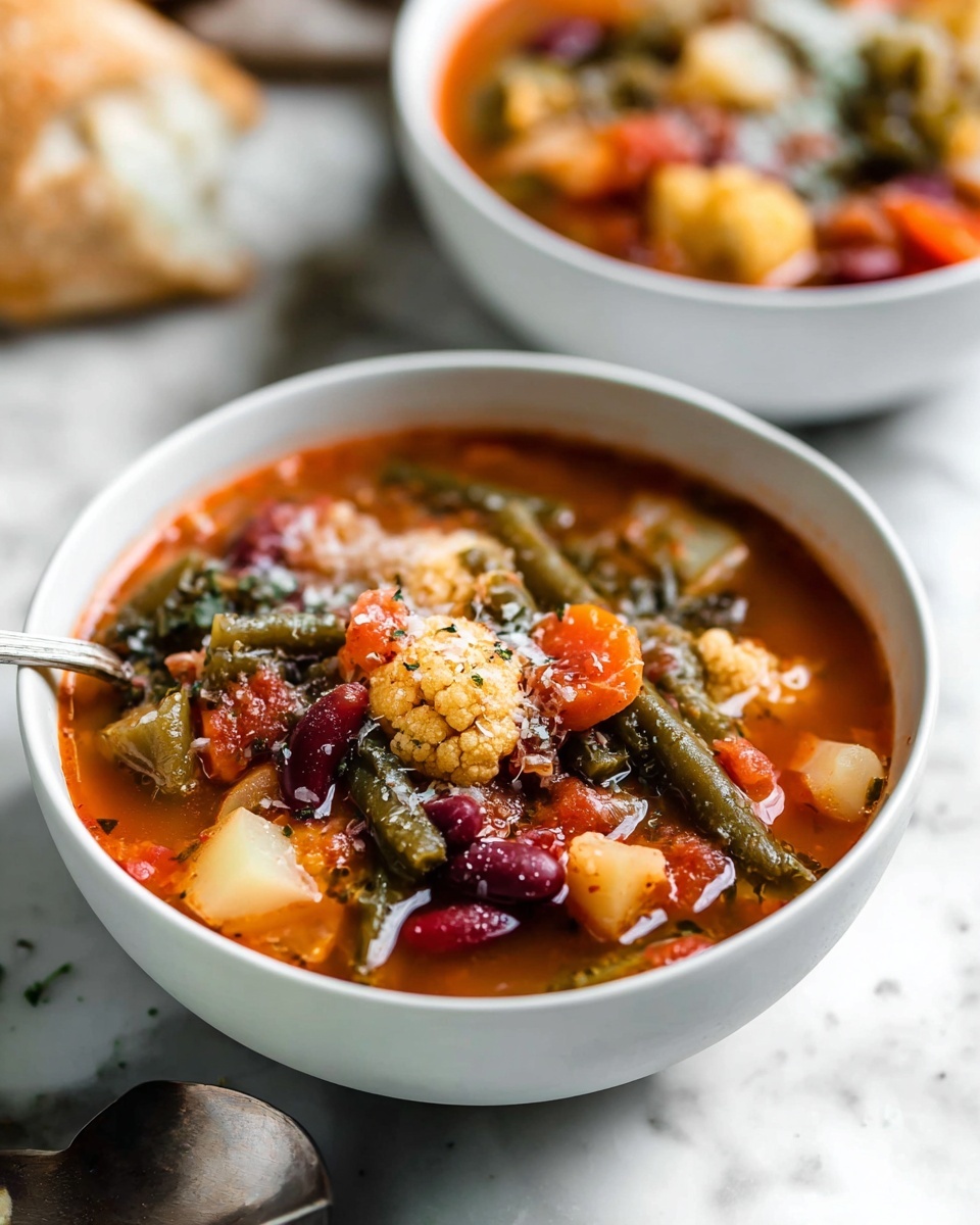 A white pot filled with a vegetable soup that has a rich red broth. The soup contains different layers: bright orange carrot cubes, light yellow potato chunks, dark red kidney beans, green beans, green spinach leaves, and small pieces of light orange cauliflower. A ladle is lifted above the pot, holding some of the soup, showing the colorful vegetables clearly. The background is a white marbled surface. photo taken with an iphone --ar 4:5 --v 7