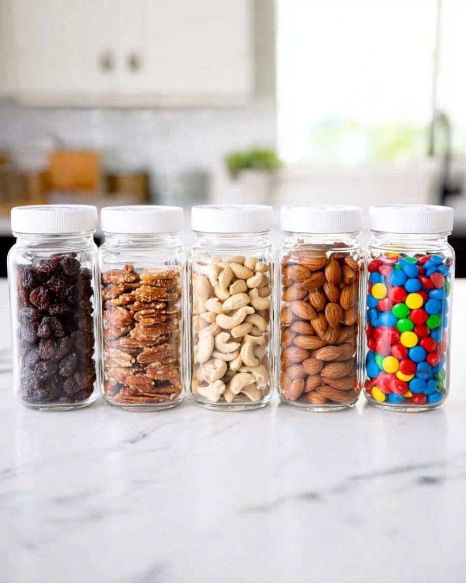 Five clear jars with white lids are placed in a row on a white marbled surface. Each jar contains different items: the first jar is filled with dark brown raisins, the second with smooth, brown almonds, the third with small, light tan peanuts, the fourth with curved, pale cashews, and the fifth with colorful round candy-coated chocolates in red, blue, yellow, and green. The background is softly blurred, showing a bright kitchen setting. photo taken with an iphone --ar 4:5 --v 7