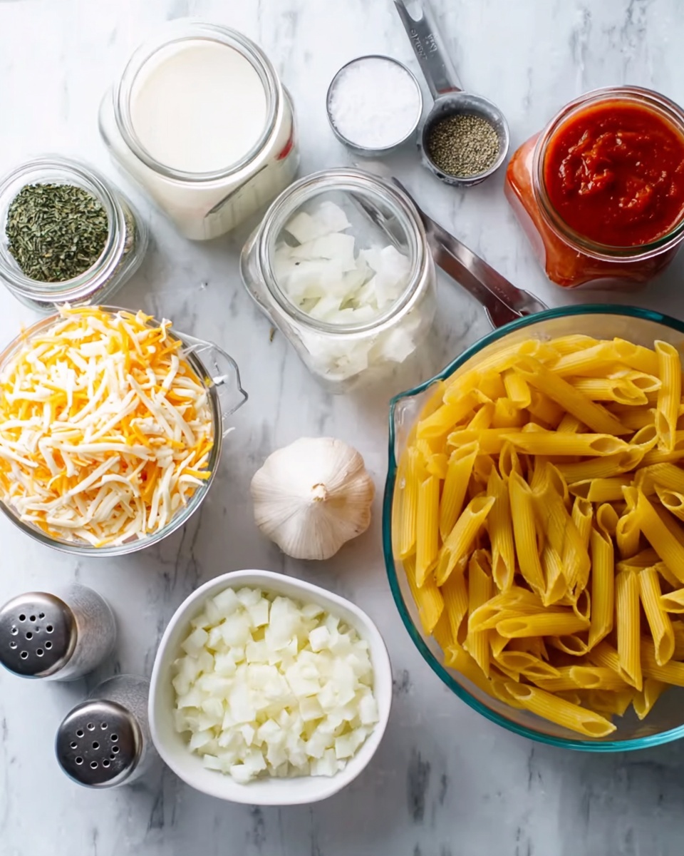 A white marbled surface holds several clear glass bowls and containers with cooking ingredients. On the right, a large clear measuring cup is filled with uncooked yellow penne pasta. Below it, a small white bowl contains diced white onions. To the left, a medium clear bowl is full of shredded white and orange cheese. Above that, a small container with green dried herbs has a silver measuring spoon inside. Nearby, a glass jar with white cream or milk, a small glass bowl of red tomato sauce, and two clear glass shakers filled with salt and pepper rest on the surface. A whole garlic bulb is near the spice containers. The photo taken with an iphone --ar 4:5 --v 7
