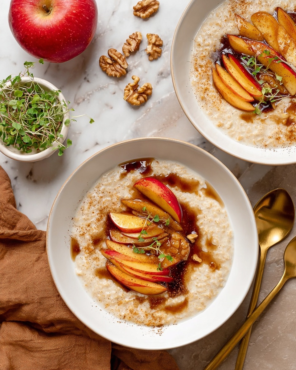The image shows two white bowls filled with thick, creamy oatmeal as the base layer, light beige in color with a slightly grainy texture. On top, there are slices of cooked apple pieces with red skin and soft golden brown flesh arranged in the center of each bowl, overlapping slightly. A dark brown syrupy sauce is drizzled over the apples and oatmeal, adding a shiny, glossy texture. Light brown cinnamon powder is sprinkled lightly across the oatmeal, adding specks of spice. The bowls rest on a white marbled surface with walnuts, a red apple, green microgreens in a white bowl, and two gold spoons nearby. A woman's hand is not visibly holding anything in this scene. Photo taken with an iphone --ar 4:5 --v 7