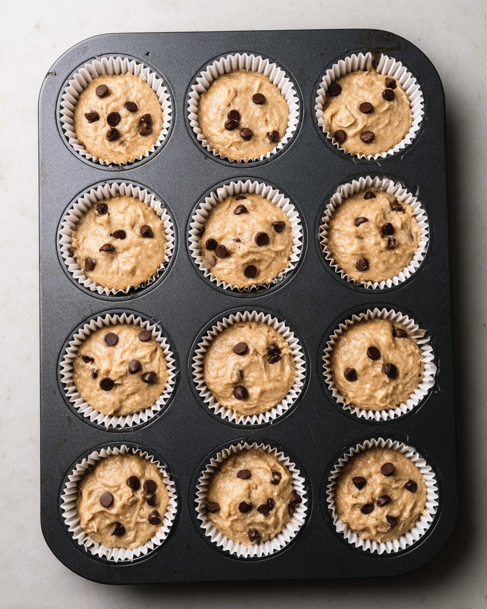 A black muffin tray filled with twelve white cupcake liners, each liner holding light brown muffin batter with small dark chocolate chips mixed in and some on top. The batter has a smooth and slightly lumpy texture, filling each liner almost to the top. The tray is placed on a white marbled surface, and the image is taken from above showing all the muffin cups clearly. photo taken with an iphone --ar 4:5 --v 7