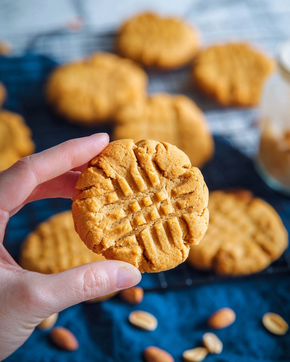 A woman's hand holds a round, golden-brown peanut butter cookie with visible fork press marks creating a crisscross pattern on its top surface. Below, many similar cookies are scattered on a dark cooling rack placed on a blue cloth, with small peanuts sprinkled around. The background consists of a white marbled texture. The cookie looks soft with a slightly cracked texture, and the lighting highlights its warm tones and crumbly surface. photo taken with an iphone --ar 4:5 --v 7