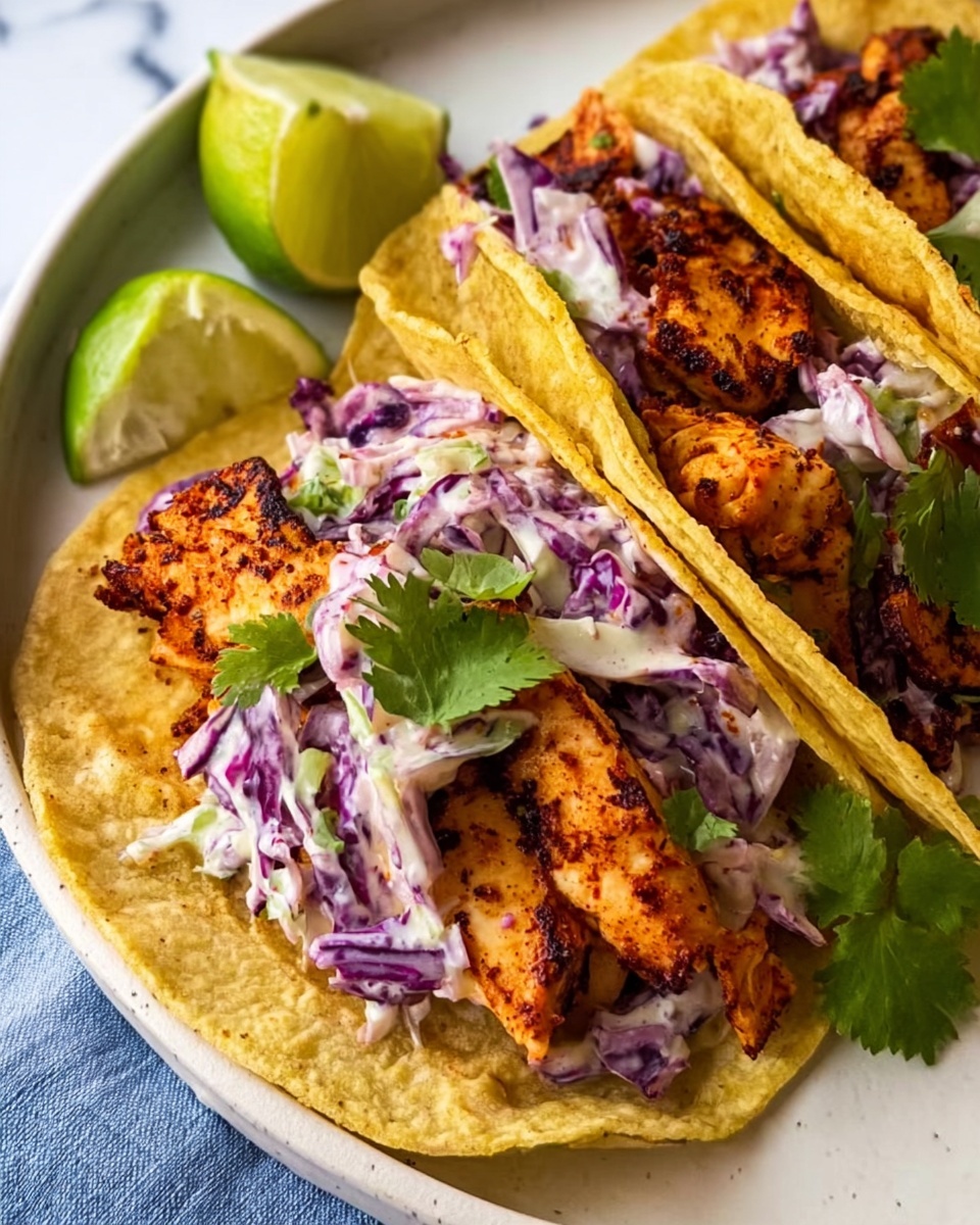The image shows three soft yellow tortillas folded and filled with grilled pieces of seasoned chicken with a rich orange-brown color. Below the chicken, there is a layer of creamy purple and white coleslaw, visible with shredded cabbage and dressing. On top, fresh green cilantro leaves are scattered, adding color contrast. The tacos sit on a white plate with a slight lip, placed on a white marbled surface. A halved lime, bright green inside, rests near the tacos to the left. The scene is softly lit, showing the moist texture of the chicken and freshness of the toppings. Photo taken with an iphone --ar 4:5 --v 7