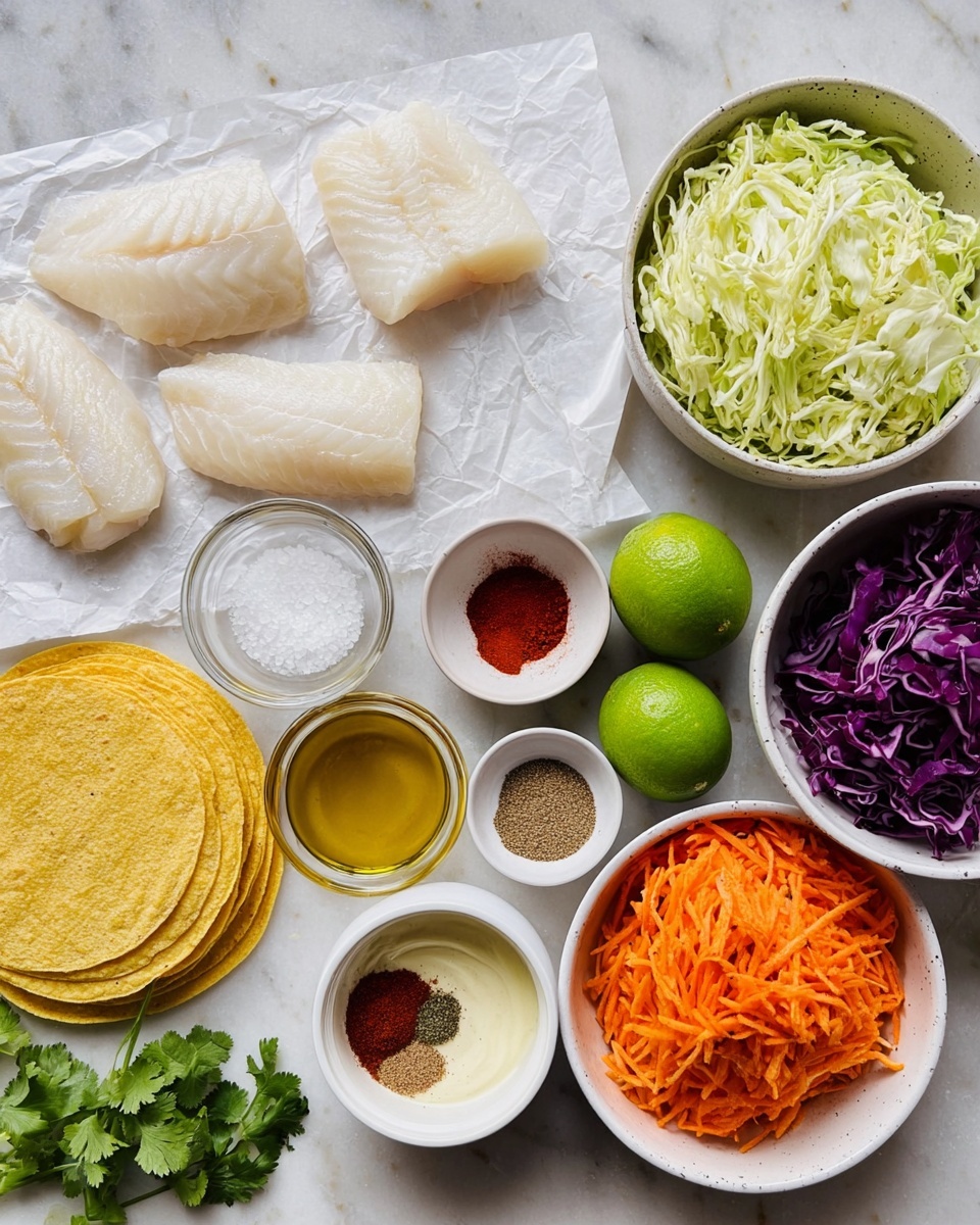 The image shows many ingredients placed on a white marbled surface. In the center top, there are white fish fillets laid on white crinkled paper. To the right are three white bowls with shredded green cabbage, shredded orange carrots, and shredded purple cabbage from top to bottom. Below these, there is a stack of yellow corn tortillas. Around these main items are small white bowls holding various seasonings: a mixed spice blend with colors like brown, red, and beige; a small bowl with red powder; a bowl with golden-yellow oil; a bowl with light brown liquid; and a bowl of creamy white sauce. Two whole green limes and a small bowl with salt and pepper are also on the surface. A few green cilantro leaves are visible near the bottom left corner. Photo taken with an iphone --ar 4:5 --v 7