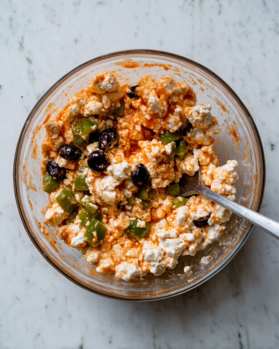 A clear glass bowl filled with a mix of cottage cheese, green pepper pieces, sliced black olives, and a red-orange sauce that coats the ingredients unevenly. The cottage cheese is white and lumpy, while the green pepper pieces are small and bright green, scattered throughout. The black olive slices add dark contrast spots within the mixture. A metal spoon is resting inside the bowl, partially covered with the mix. The bowl sits on a white marbled surface, providing a clean and light background. photo taken with an iphone --ar 4:5 --v 7