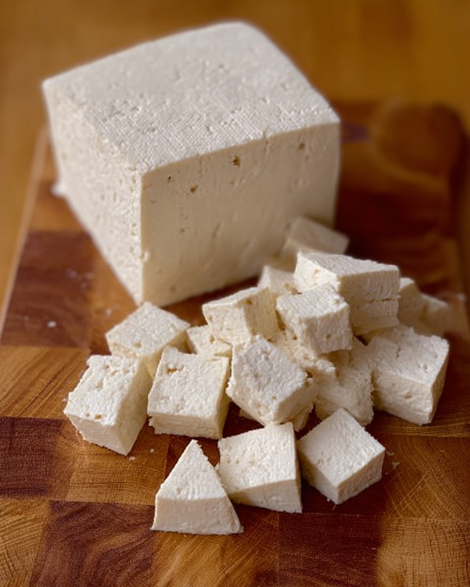 The image shows a large block of white tofu placed on a wooden cutting board. In front of the big block, there are many small tofu cubes neatly arranged, showing smooth and slightly textured surfaces. The wood beneath has a warm honey brown color with a patterned design. The tofu cubes look fresh and firm, with clean edges and some small holes. photo taken with an iphone --ar 4:5 --v 7
