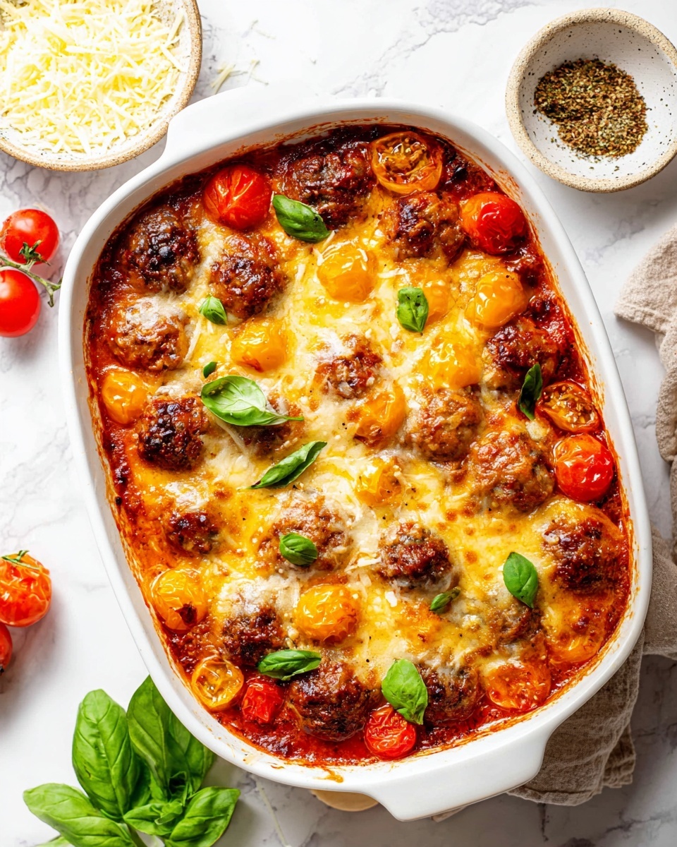 The image shows a white rectangular baking dish filled with a baked layered dish. The bottom layer consists of rich red tomato sauce with visible herbs and spinach leaves mixed in. Above this sauce, there are browned round meatballs scattered evenly throughout. The top layer is covered with melted golden-yellow and white cheese that is bubbly and slightly browned in spots. Bright red cherry tomatoes and fresh green basil leaves are spread across the surface, adding vibrant color. A golden spoon is scooping a portion from the corner, showing the layers with sauce, meatballs, and gooey melted cheese. The dish is placed on a white marbled surface. Photo taken with an iphone --ar 4:5 --v 7