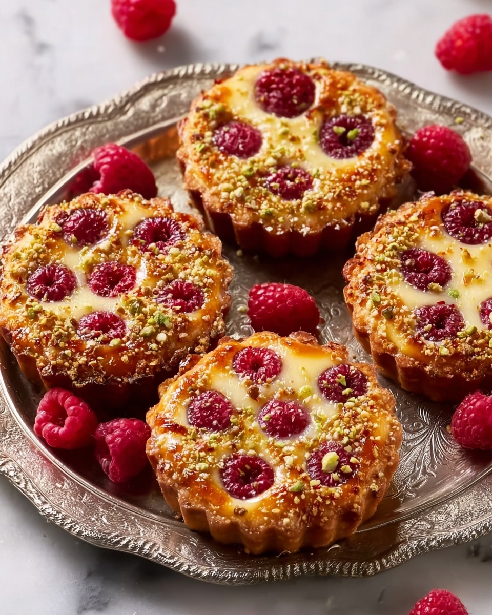 The image shows several small round tarts placed on an ornate silver tray. Each tart has a golden-brown crust with a slightly glossy top. Inside the tart, there are bright red raspberries embedded evenly in a light yellow filling. The edges of the crust are decorated with crushed nuts that add texture and a light greenish tint. Fresh raspberries are scattered around the tray for decoration. The tray is set on a white marbled surface. photo taken with an iphone --ar 4:5 --v 7
