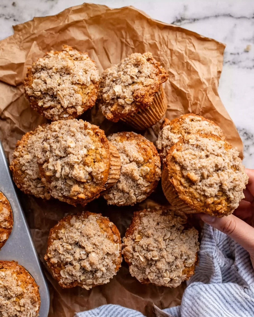 The image shows eight muffins with a crumbly oat topping, arranged on a piece of brown parchment paper over a white marbled surface. The muffins have a golden brown color on their sides and a rough, textured top layer covered with light beige oats and small crumbled bits. One muffin is tilted on its side, revealing the soft and moist inside with a golden tone. A silver baking tray is partially visible on the left side of the image, holding more muffins. A light blue and white striped cloth is at the bottom right corner, where a woman's hand is holding a muffin. photo taken with an iphone --ar 4:5 --v 7