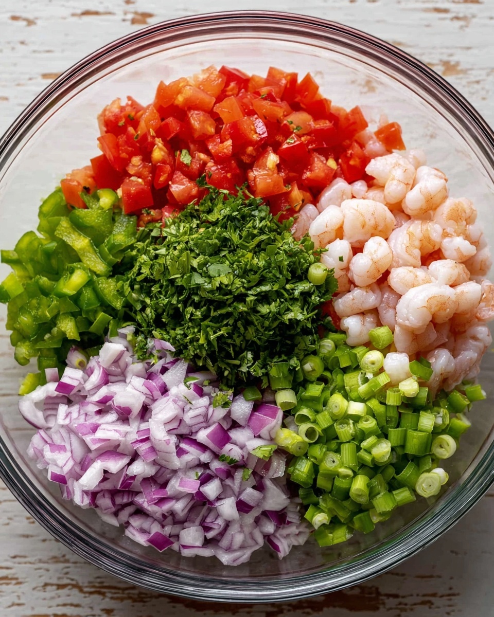 A clear glass bowl sits on a white marbled surface, filled with five groups of small, chopped ingredients. Starting from the top left, there are bright red diced tomatoes with slightly soft textures. To their right, there is a mound of vibrant green chopped bell peppers, next to a pile of small, peeled shrimp with a light pink and white color. Below the tomatoes, finely chopped dark green cilantro is placed. To the bottom left, a heap of finely chopped purple onions with white edges fills the space, and next to it on the right, there is a group of chopped green onions with rounded light green tips. The ingredients are neatly separated inside the bowl, ready to be mixed. photo taken with an iphone --ar 4:5 --v 7