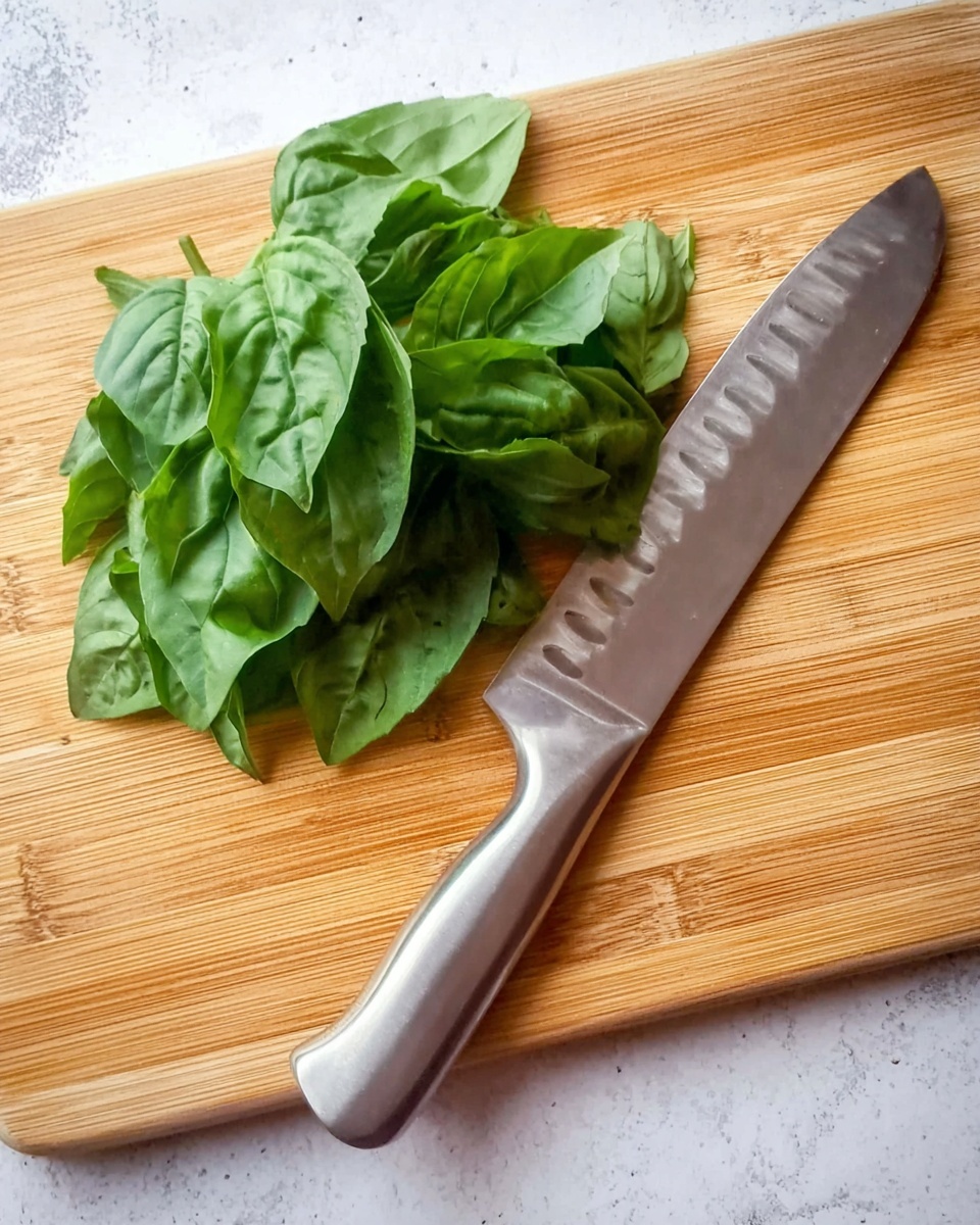 The image shows a pile of fresh green basil leaves placed on a wooden cutting board. In front of the leaves, there is a silver knife lying flat on the board, with a shiny blade and a smooth, curved handle. The wooden board has a warm light brown tone with visible grain texture. The background around the board is a white marbled surface. photo taken with an iphone --ar 4:5 --v 7