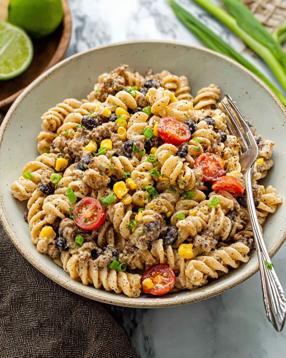 A large white bowl filled with three layers of rotini pasta mixed with black beans, corn, ground meat, and halved cherry tomatoes. The pasta is creamy with a light beige color, speckled with black pepper and herbs. The black beans are scattered evenly throughout, adding dark contrast. Bright yellow corn kernels and red cherry tomato halves are also mixed in. Small green pieces of chopped green onions are sprinkled on top, adding a fresh touch. A silver fork rests on the right side inside the bowl. The background is a white marbled surface with lime halves and green onions blurred behind. Photo taken with an iphone --ar 4:5 --v 7