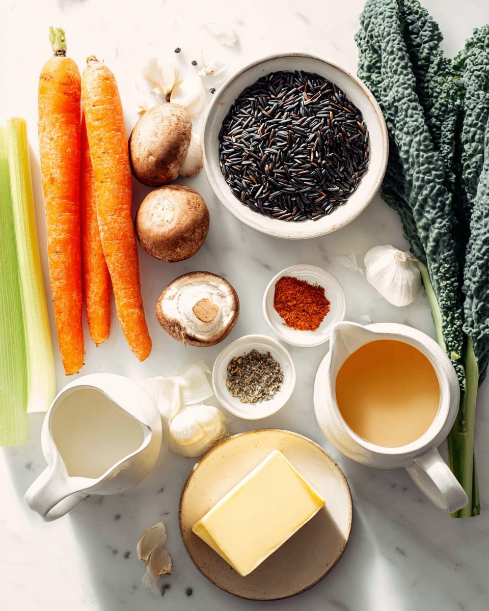 The image shows a white marbled surface with various cooking ingredients arranged neatly. There are three orange carrots and two green celery stalks on the left side. Near them are four brown mushrooms, some cut white onions, a few peeled garlic cloves, and a couple of large dark green kale leaves. A white bowl filled with black wild rice is placed near the center. On the right side, three small white bowls hold bright reddish-brown spice mix, coarse salt, and black pepper. Below these is a white jug with a creamy white liquid and next to it a small white pitcher with golden broth. At the bottom right, a small beige plate holds a solid block of yellow butter. The setting is bright and clean with natural light. Photo taken with an iphone --ar 4:5 --v 7