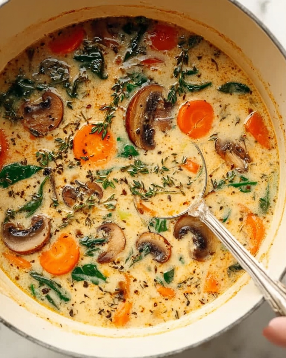 A close-up view of a white pot filled with a creamy soup showing multiple layers: the top layer has orange carrot slices, light brown mushroom slices, and green spinach leaves floating in a thick creamy beige broth. There is a silver spoon at the right side immersed in the soup, with a woman's hand holding the spoon near the pot edge. The pot is placed on a white marbled surface. The soup has a rich texture with visible herbs like thyme scattered throughout, making it look fresh and warm. Photo taken with an iphone --ar 4:5 --v 7