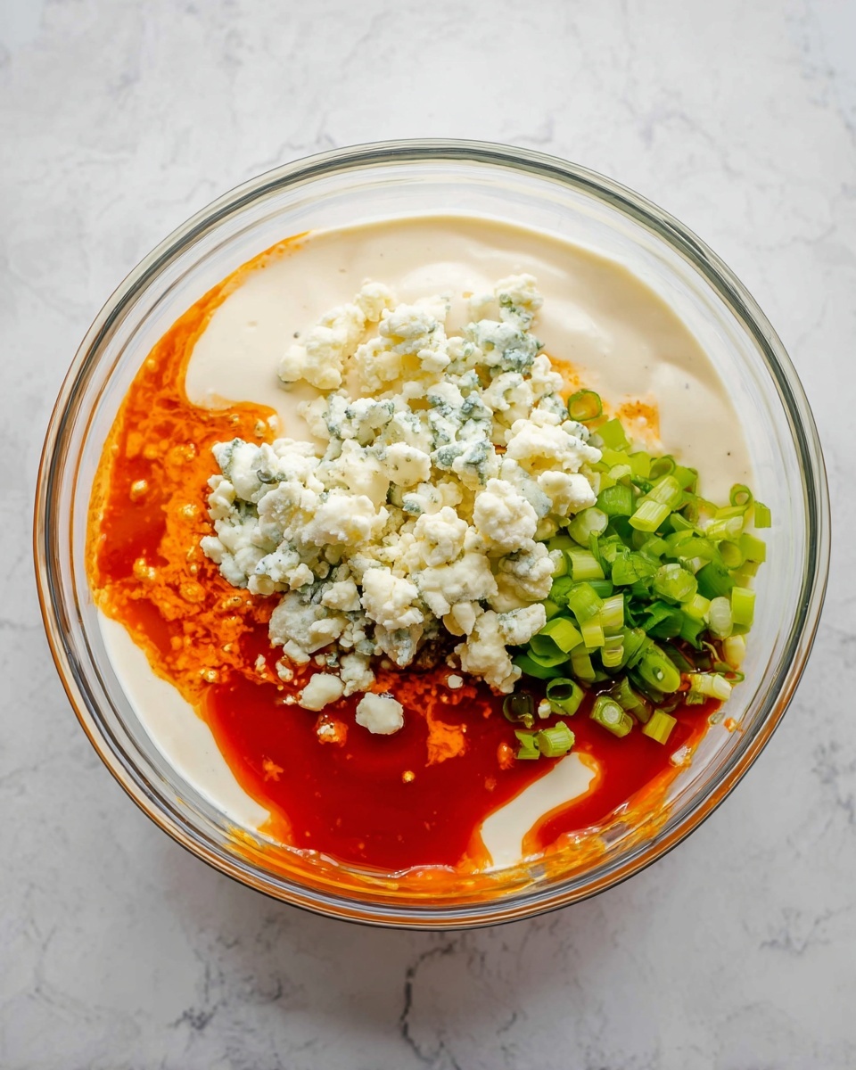 A clear glass bowl sits on a white marbled surface, containing four distinct layers of ingredients. At the bottom is a smooth, creamy white layer, likely ranch dressing. Next to it is a bright orange-red layer of hot sauce, glossy and thick. On top of these are small crumbles of blue cheese, white with blue specks, adding a rough texture. Beside the cheese is a small pile of fresh, chopped green onions, bright and crisp. The ingredients are unmixed, clearly separated by their colors and textures. Photo taken with an iphone --ar 4:5 --v 7