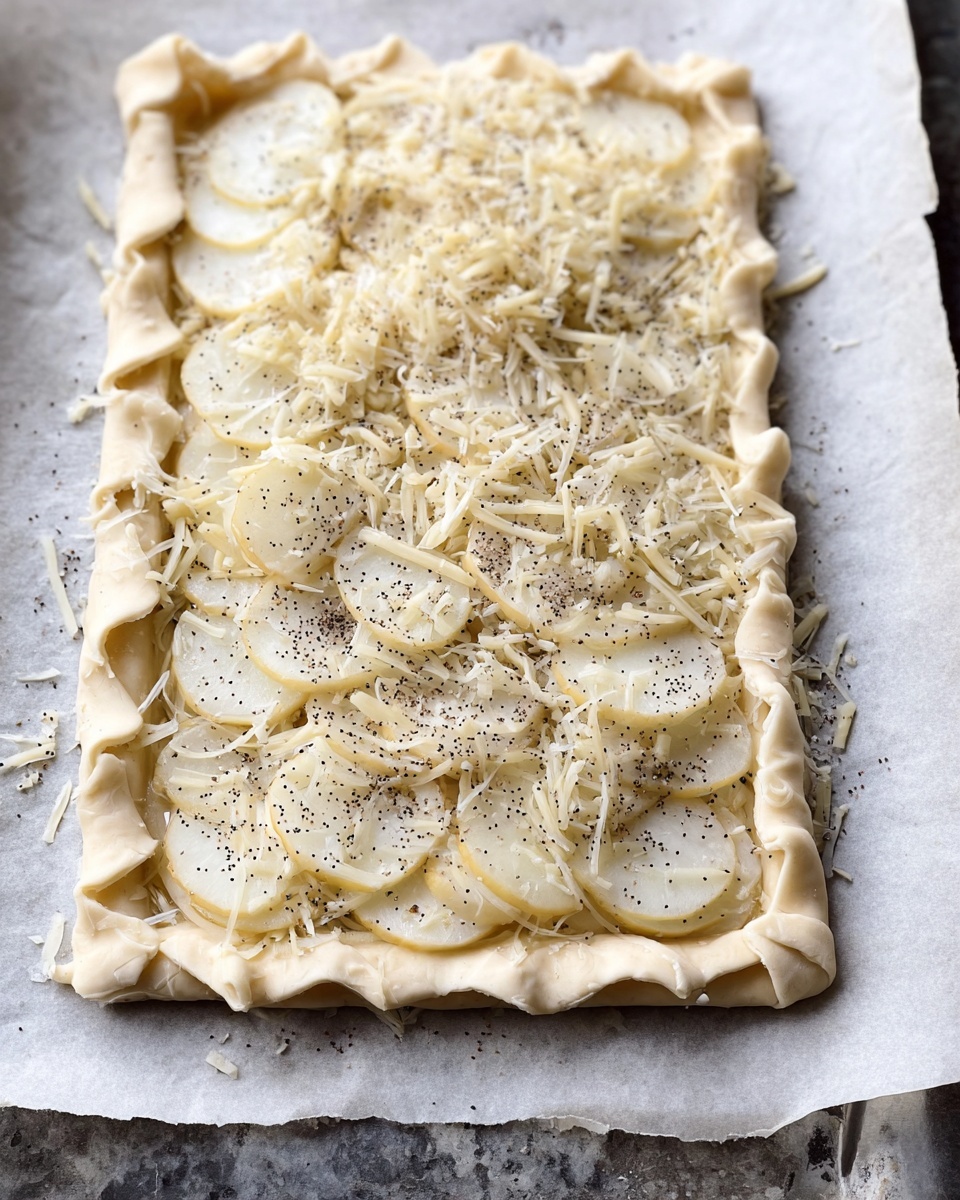A rectangular pastry tart sits on parchment paper over a white marbled surface, with a border made from folded dough strips sprinkled with small dark poppy seeds. Inside the border, thin, pale slices of potato cover the surface in an even layer, seasoned lightly with black pepper. Shredded white cheese is scattered on and around the border dough, adding texture. The overall look is rustic and ready to bake, with soft creamy colors and specks of black pepper. Photo taken with an iphone --ar 4:5 --v 7