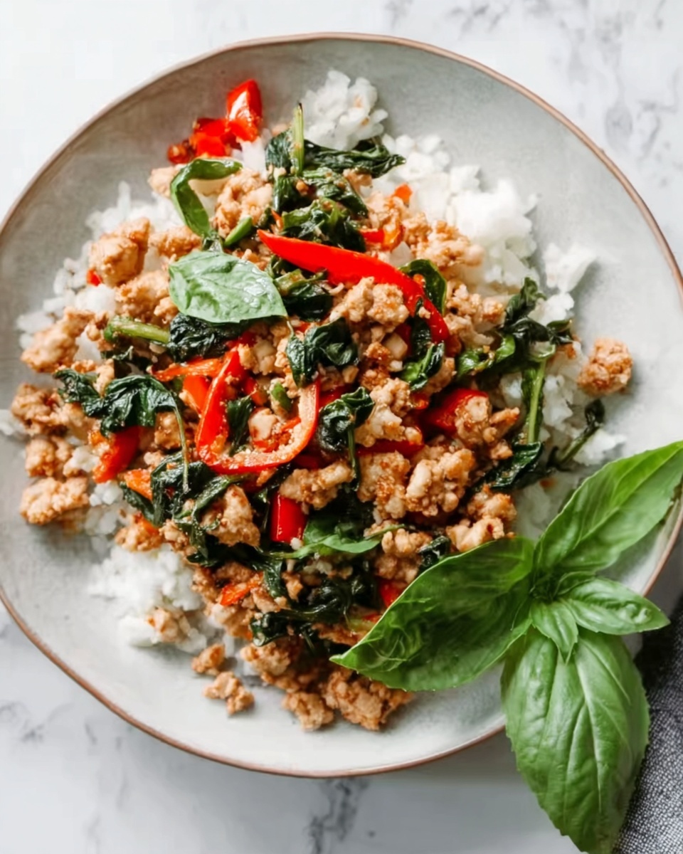 The dish shows a white plate filled with three main layers: a base of white rice grains, topped with cooked minced meat mixed with green leafy vegetables and slices of bright red bell pepper. The minced meat appears light brown and crumbly, while the green leaves have a wilted but fresh look. There is a fresh green basil leaf on the side as a garnish. The plate is placed on a white marbled surface. Photo taken with an iphone --ar 4:5 --v 7