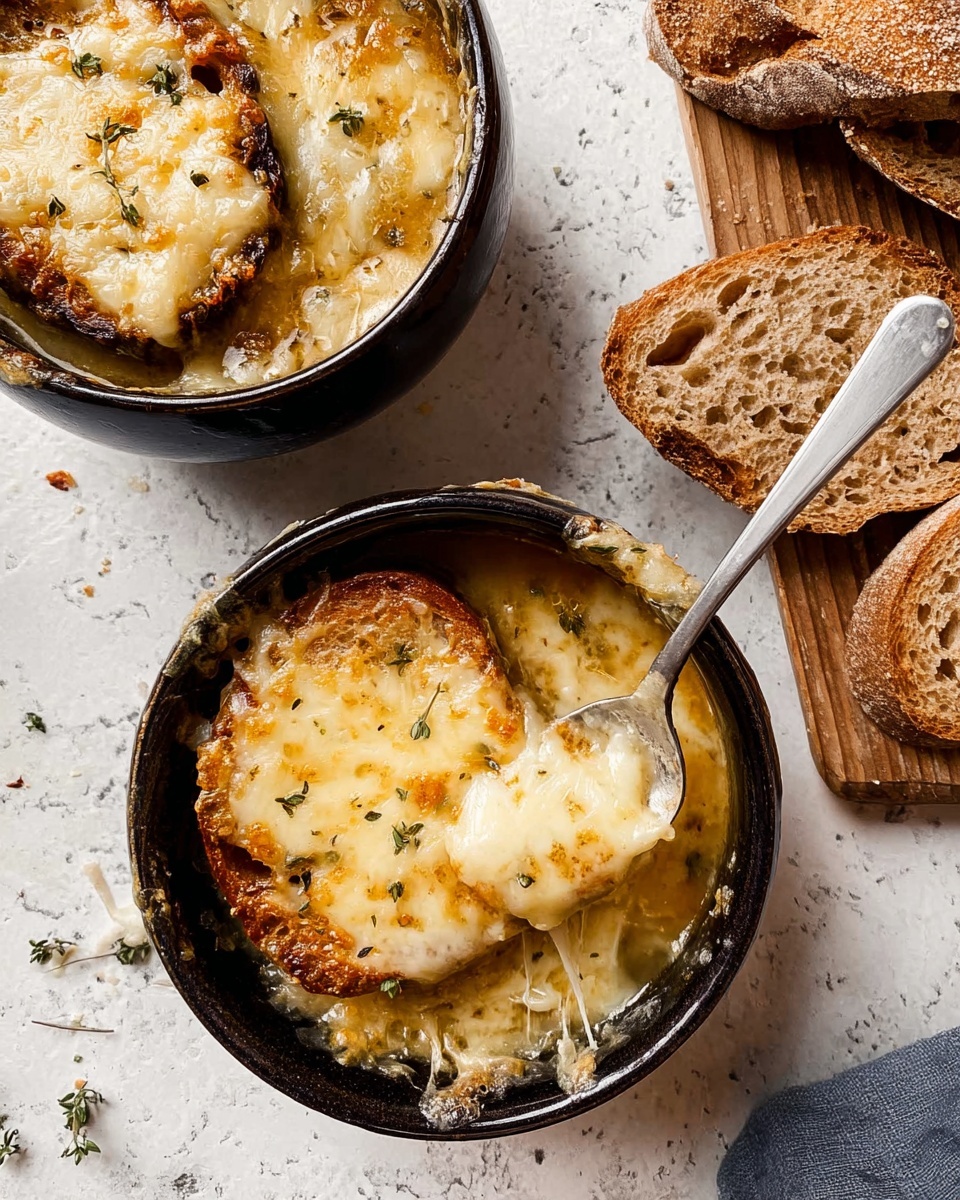 The image shows a close-up of a black bowl filled with a golden, clear onion soup. Floating on top is one thick slice of toasted brown bread covered with melted creamy white cheese, slightly bubbling and browned in spots. The soup contains soft, translucent cooked onion strips that add texture and color variety. Small dried herb flakes are sprinkled over the cheese and soup, giving a touch of greenish-brown contrast. The whole scene is set on a white marbled surface. photo taken with an iphone --ar 4:5 --v 7