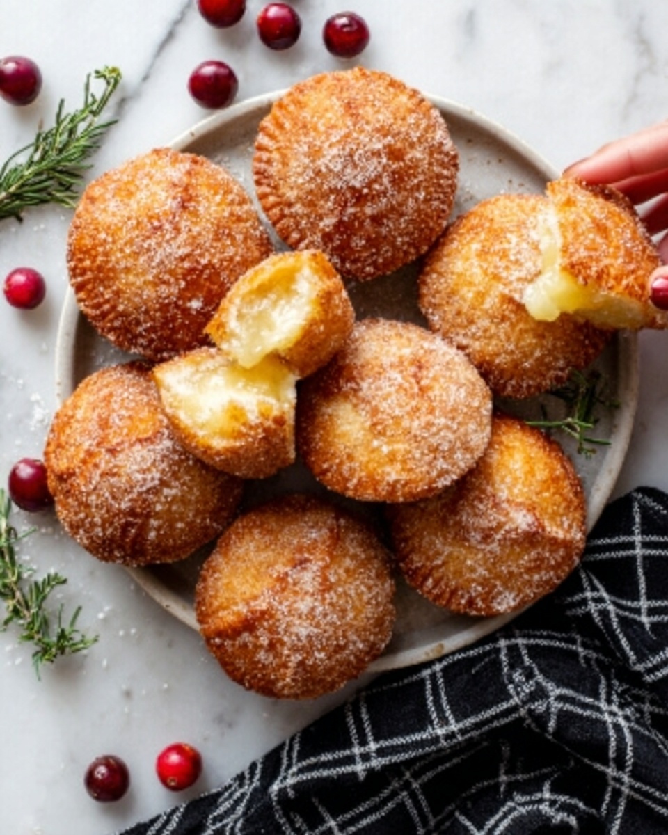 A white plate holds nine round pastries with a golden-brown crust that looks crispy and crumbly. One pastry is broken open, showing a soft yellow filling inside. The pastries are sprinkled with sugar crystals that add a shiny touch. Small red berries and sprigs of green herbs are scattered around the pastries on a white marbled background. A woman's hand is gently holding the broken pastry near the top right side of the plate. A black and white checkered cloth is neatly placed beneath the plate. photo taken with an iphone --ar 4:5 --v 7
