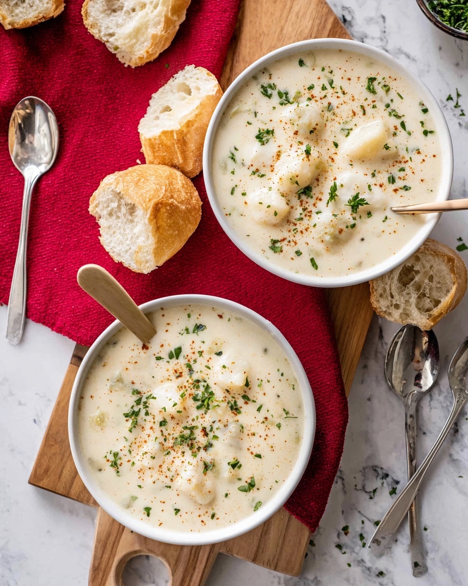 Cream of Crab Soup Recipe 5 Two white bowls filled with creamy white soup containing soft white chunks and sprinkled with small green herb pieces and light brown spices are placed on a light wooden board. Each bowl has a light-colored spoon resting inside. Around the board, there are pieces of light brown crusty bread with airy texture. Some green herbs are scattered on and near the bright red cloth underneath part of the board. The whole setup is on a white marbled surface with two silver spoons nearby. Photo taken with an iphone --ar 4:5 --v 7