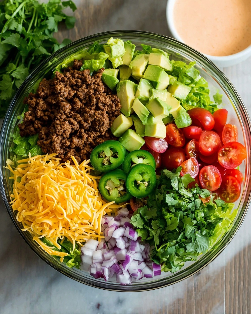 A clear glass bowl is filled with layered fresh ingredients sitting on a white marbled surface. The bottom has green leafy lettuce, topped with dark brown cooked ground meat on the left side. Above the meat, bright green diced avocado pieces are placed. On the right, there is a pile of shredded yellow cheddar cheese. At the bottom right, halved bright red cherry tomatoes are visible. Chopped purple onions sit below the meat on the left. In the middle, fresh green cilantro leaves are piled with two sliced green jalapeños on top. At the top right edge, a white bowl with pinkish-orange creamy sauce is partially visible. Photo taken with an iphone --ar 4:5 --v 7