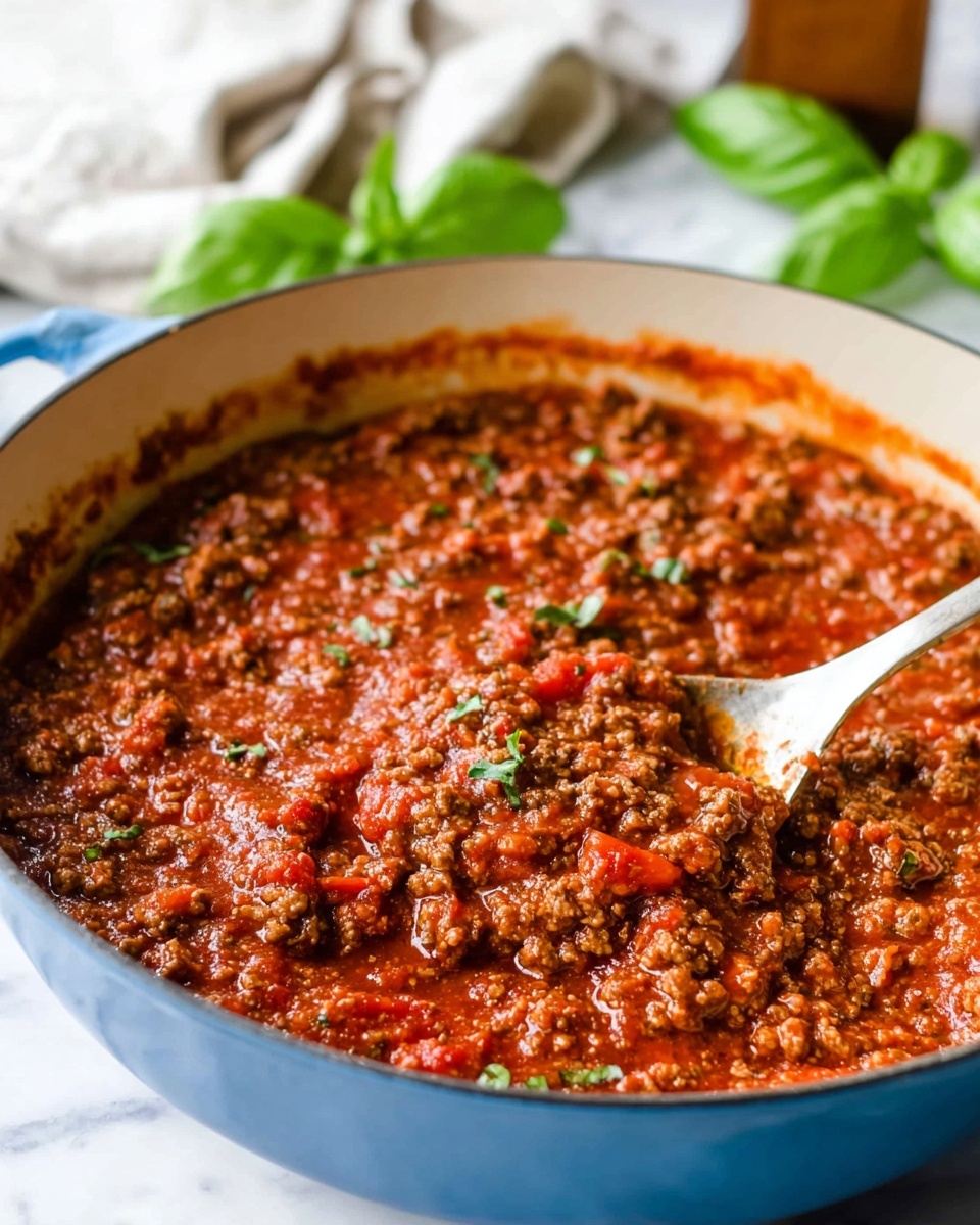 A close-up view of a blue cooking pot filled with thick red meat sauce that has small chunks of ground meat and pieces of tomato visible. The sauce has a rich, slightly shiny texture with some green herbs sprinkled throughout. A silver spoon is partially submerged on the right side, lifting a portion of the sauce. The pot is on a white marbled surface with fresh green basil leaves in the foreground and a blurred background showing a light beige cloth and a brown glass jar. photo taken with an iphone --ar 4:5 --v 7