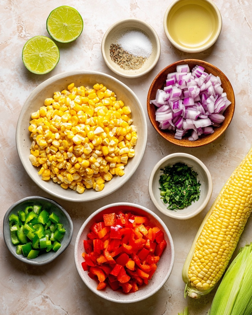 The image shows an overhead view of various ingredients placed on a white marbled surface. In the center is a white bowl filled with bright yellow corn kernels. Just below it is another white bowl holding chopped red bell peppers, vibrant and fresh-looking. To the right of the white corn bowl is a small gray bowl with chopped green herbs. Above the gray bowl is a wooden bowl with small pieces of purple-red diced onion, next to a whole ear of corn partly husked on the right side of the image. Above the large white bowl in the center are two small ceramic bowls, one with salt and pepper mix and another with a light yellow liquid. To the left is another small ceramic bowl filled with chopped green peppers. Also placed on the left side are two halves of a sliced lime and a whole lime. A woman’s hand is not visible in this image. The overall setting is bright and neat, emphasizing the fresh ingredients. Photo taken with an iphone --ar 4:5 --v 7
