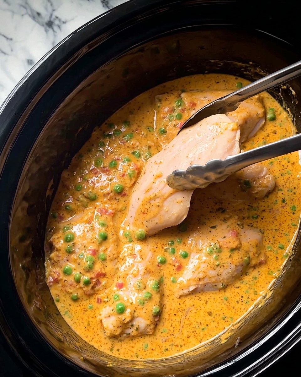 Inside a black slow cooker, there are four raw chicken pieces partly covered with a creamy orange sauce mixed with green peas and small bits of vegetables. A pair of metal tongs is lifting one piece of chicken slightly above the sauce, showing its smooth, pale pink texture. The sauce looks thick and speckled with spices, giving a rich and hearty appearance. The background is a white marbled texture. photo taken with an iphone --ar 4:5 --v 7