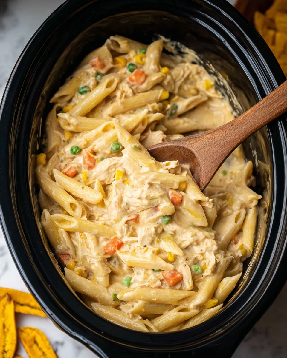 A close-up of creamy pasta with three visible layers: the base layer is penne pasta coated in a thick, light beige creamy sauce; scattered throughout are small pieces of orange carrots, yellow corn, and green peas adding little pops of color; on top sits a wooden spoon scooping a serving of the pasta, showing the smooth texture of the sauce clinging to the pasta and vegetables. The background features a white marbled texture. Photo taken with an iphone --ar 4:5 --v 7