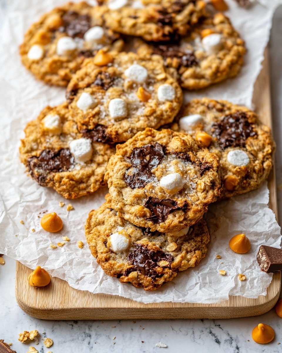 A group of soft oatmeal cookies with uneven round shapes are stacked on crinkled white parchment paper, which rests on a light wooden board. Each cookie has a golden-brown base with visible oat flakes, and is loaded with dark melted chocolate chunks, small orange butterscotch chips, and white gooey marshmallow patches spread across the surface. Some cookies show shiny caramel spots and flaky sea salt on top, adding texture. Around the board are scattered butterscotch chips, broken chocolate pieces, and cookie crumbs. The background is a white marbled surface. Photo taken with an iphone --ar 4:5 --v 7