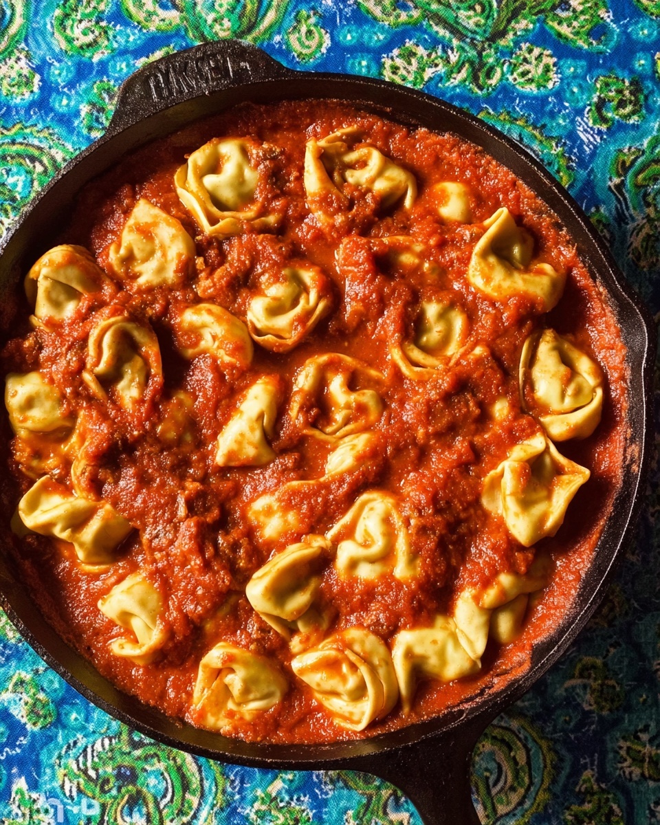 A black cast iron pan filled with three layers: the bottom layer is a thick red tomato sauce with a smooth texture, the middle layer consists of tortellini pasta pieces that are light golden yellow with slight folds, and the top layer is another coat of the same red tomato sauce that slightly covers the tortellini edges. The pan sits on a blue patterned cloth with green and white floral designs. The scene is lively with warm colors and the texture of the pasta and sauce is clearly visible. Photo taken with an iphone --ar 4:5 --v 7
