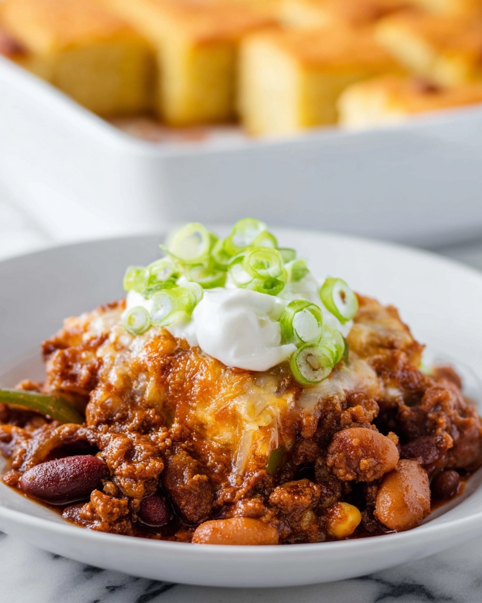 The image shows a close-up of a baked dish in a white rectangular dish with three visible layers. The top layer is golden-brown melted cheese with a bubbly, slightly crispy texture. Below it is a thick layer of a rich, reddish-brown sauce with chunks of beans and ground meat, looking saucy and hearty. Small green herb bits are sprinkled intermittently on the cheesy top. The dish appears hot and fresh, with a spoon lifting some food from the corner, all placed on a white marbled surface. photo taken with an iphone --ar 4:5 --v 7
